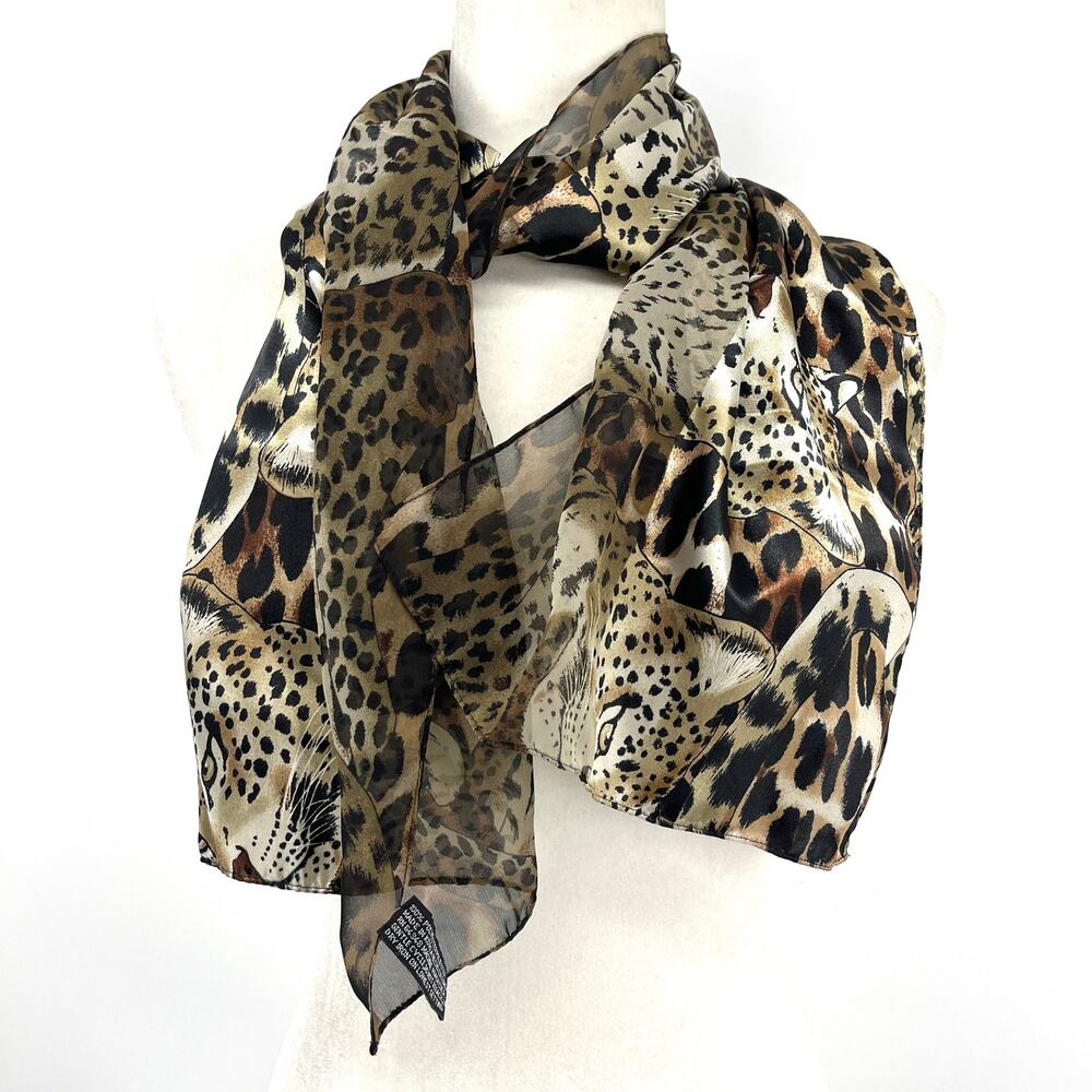 Leopard Print Long Scarf Brown Gold Satin‎